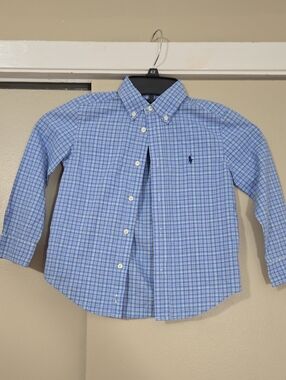 Ralph Lauren Boys Light Blue, Green & White Plaid Button-Down Shirt Size 5